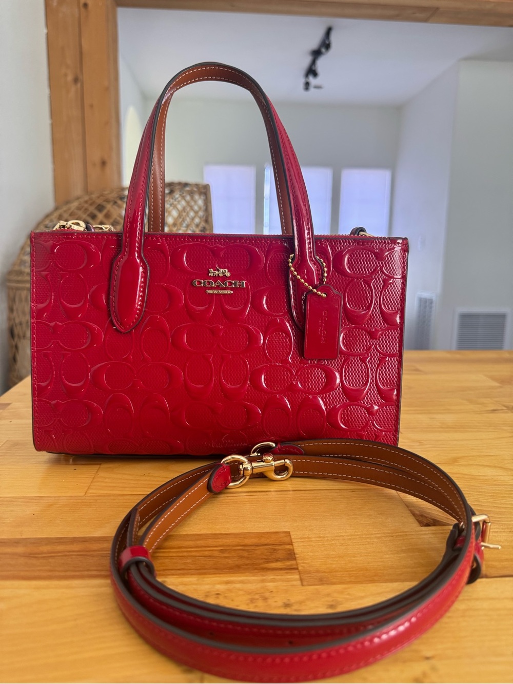 Coach Red Patent Leather Signature Satchel with Removable Strap